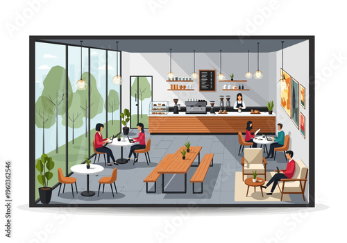 Modern coffee shop interior with people relaxing and enjoying beverages