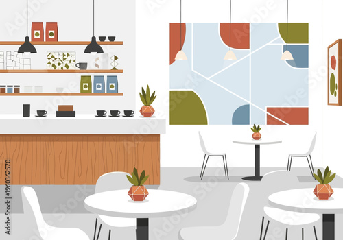 Cozy coffee shop interior with modern decor and comfortable seating