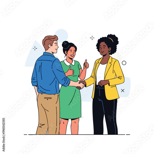 Three diverse people shake hands, agreeing, with thumbs up