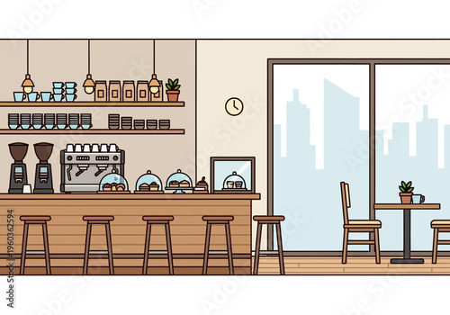 Modern coffee shop interior design with seating, bar, and pastries display, vibrant city view