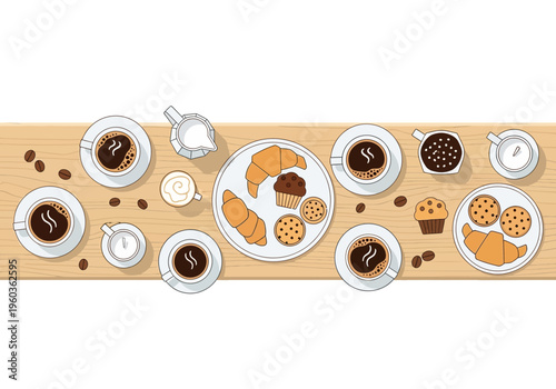 A top-down view of a breakfast spread with coffee, pastries, and cookies on a wooden table