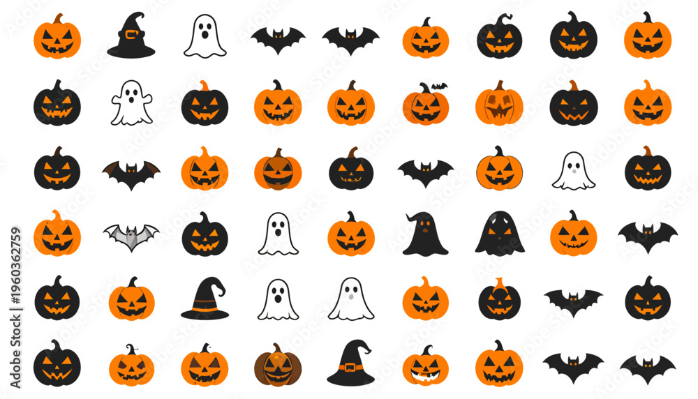 Fototapeta premium A seamless pattern design of fun cartoon Halloween pumpkin and skull icon sets featuring cute vector animal faces like lions, bears, and tigers for a kid-friendly holiday wallpaper illustration