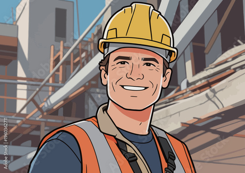 Construction worker smiles at building site during the day in city