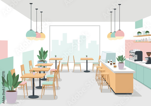 Cozy Coffee Shop Interior with Tables, Chairs, and Bar