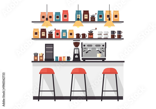 Coffee shop counter with espresso machine and stools, bags of coffee beans on shelves