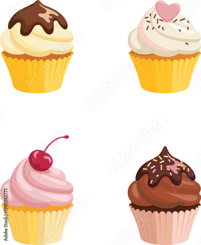 Cupcake vector set, sweet dessert muffins with chocolate cream cherry topping colorful bakery illustration collection
