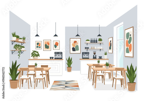 Cozy coffee shop interior with wooden tables, chairs, plants, and art prints