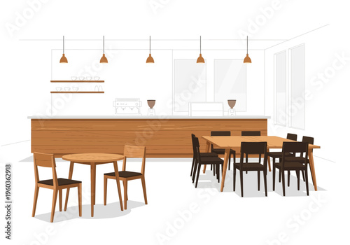 Interior design of a modern cafe with wooden tables and chairs in a well-lit space