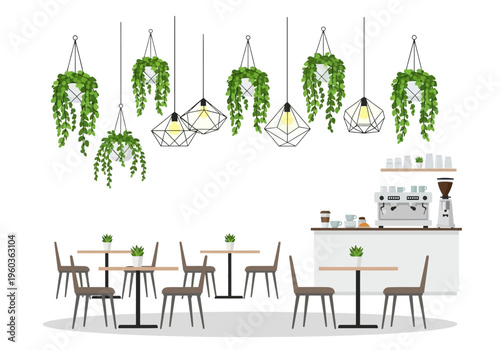 Charming cafe interior with hanging plants and modern lighting, creating a cozy ambiance