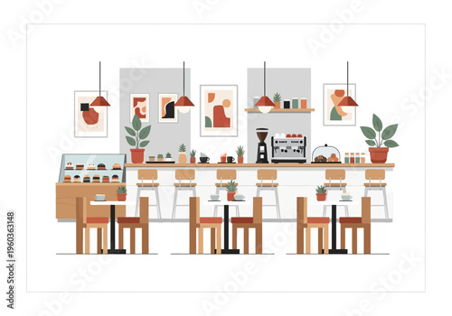Modern coffee shop interior with art and pastries on display, creating a cozy and inviting atmosphere