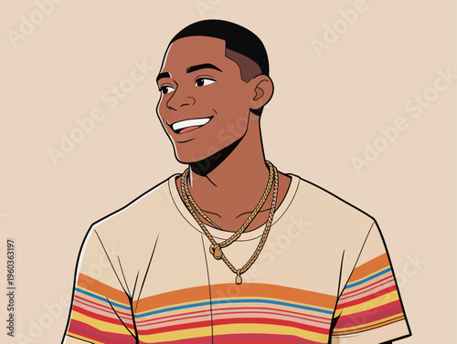 Young man smiles while wearing a colorful striped shirt and gold chains during a casual moment