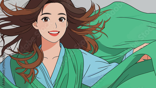 Young woman enjoying a windy day while wearing a green shawl and a blue top in a simple background