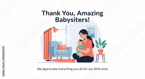 Woman babysitting a baby in a cozy living room with a chair and plant expressing love and care