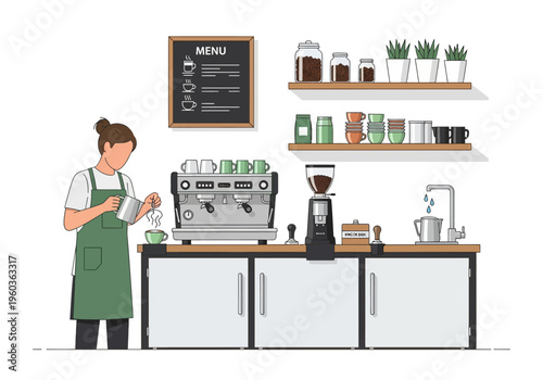 Illustration of a barista preparing coffee behind a counter in a cafe