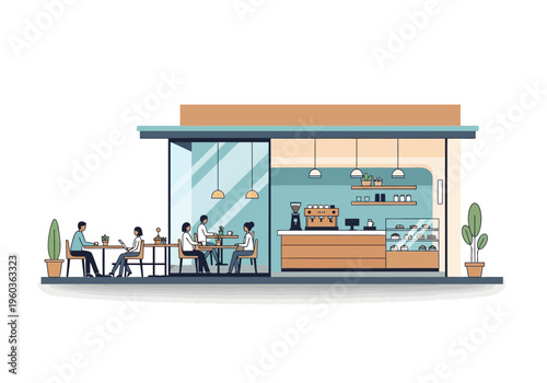 Illustration of people enjoying coffee at a modern cafe with large windows and outdoor seating