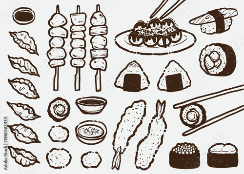 Hand-drawn vector illustration set of Japanese appetizers, sushi, tempura prawns, onigiri rice balls, yakitori, takoyaki, gyoza sketch style for food shop, branding, menu, restaurant.