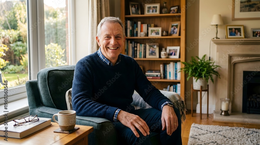 Obraz premium Smiling Mature Man Relaxing at Home with Coffee and Books.