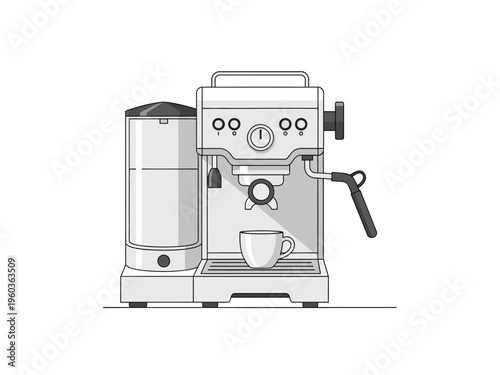 A minimalist monochrome line art illustration of a compact espresso coffee machine with a cup