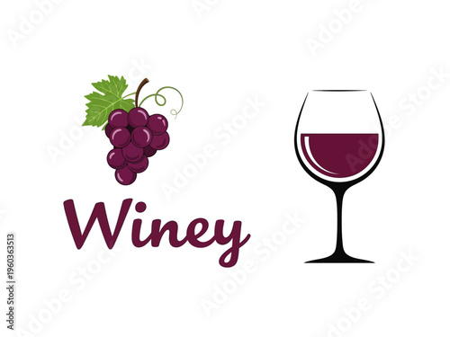 A delightful illustration featuring a bunch of grapes with leaves and the word 'Winey' next to a glass of red wine, perfect for beverage and vineyard themes