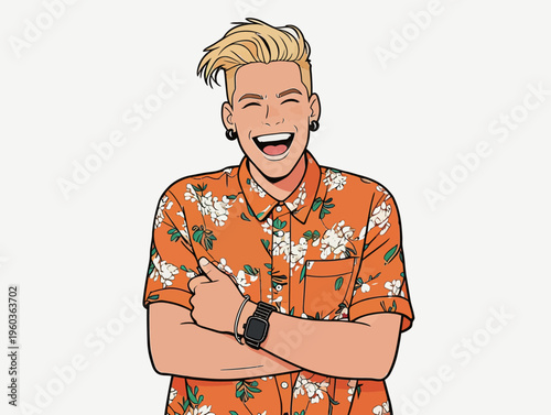 Young man in a floral shirt smiling and enjoying a moment during a casual gathering outdoors with friends at sunset