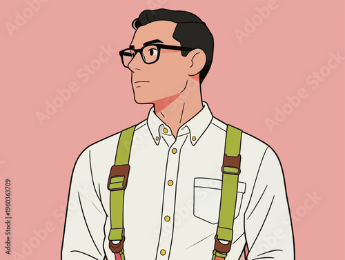 Man with glasses and suspenders stands against a pink background looking to the side at an indoor location during the day