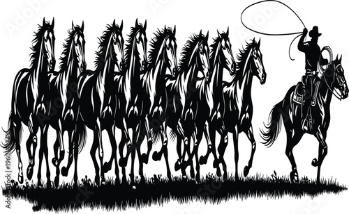 Western cowboy silhouette riding horse and throwing lasso to catch running herd of wild mustangs on grassy field vector illustration