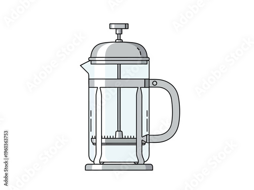 Vector illustration of a classic French press coffee maker with a handle and plunger mechanism