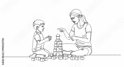 Woman and child play with wooden blocks together on floor building tower with cubes