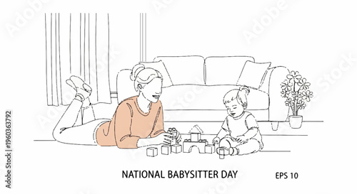 Woman babysitter playing with baby on floor in living room on national babysitter day