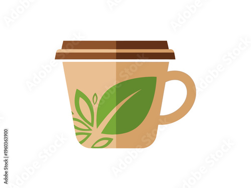 Eco-friendly coffee cup with leaf logo, promoting sustainability and natural beverages