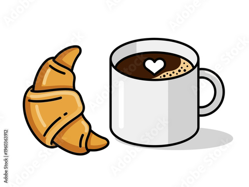 A delicious croissant next to a mug of coffee with a heart shape in latte art, perfect for breakfast or bakery themes