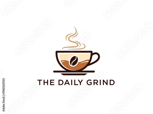 Logo design of a coffee cup with steam and a coffee bean, The Daily Grind text