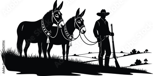 Western cowboy silhouette standing with two pack mules on a grassy hill holding a rifle gun, vector illustration isolated on white background, american wild west rancher graphic for hunting design