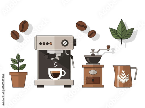 Collection of coffee-related items including a coffee maker, beans, plant, grinder, and pitcher