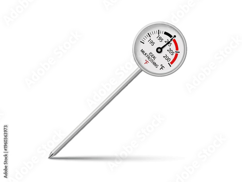 A detailed illustration of a round dial thermometer with a long metal probe for measuring temperature in food or liquids