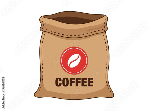 A rustic burlap sack with a red circular emblem featuring a coffee bean icon and the word COFFEE