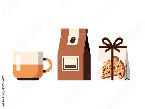Coffee break with a cup of coffee, packaged cookies, and a bag of coffee beans