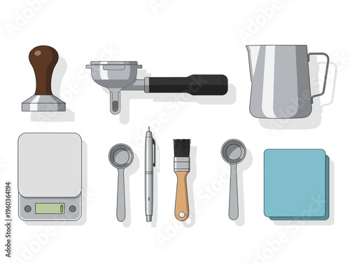 Collection of coffee brewing equipment, including tamper, portafilter, grinder, scale, and milk pitcher