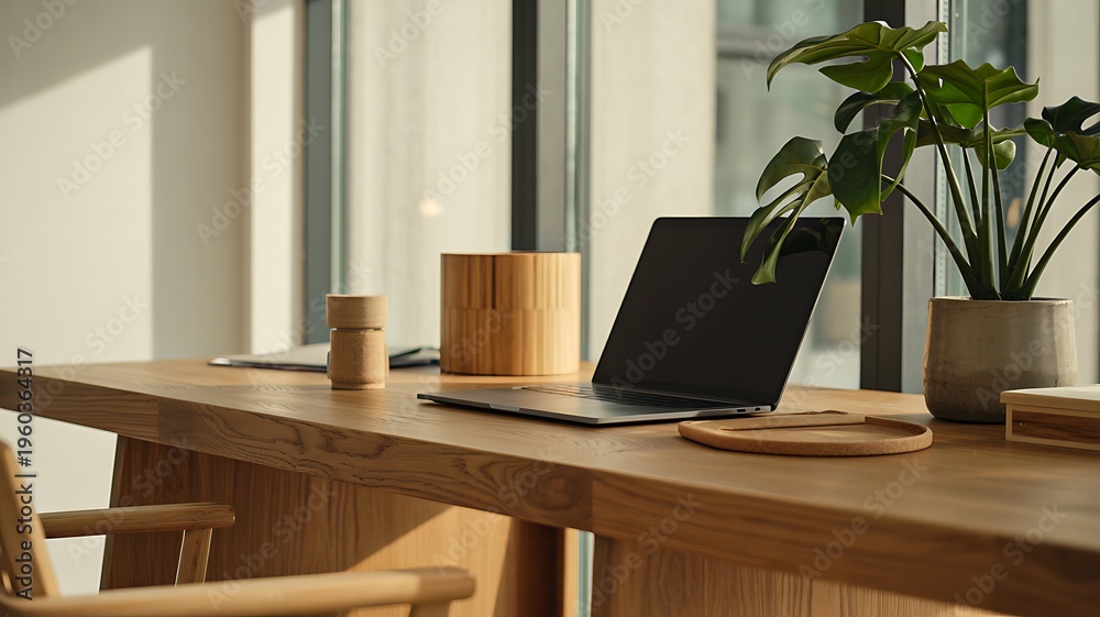 Fototapeta premium Modern wooden desk workspace with laptop and plant minimal home office interior design