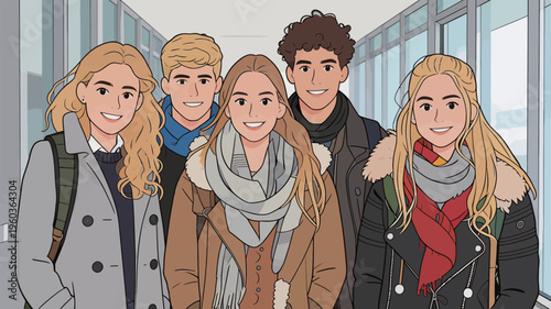 Group of young people smiling and posing together in a school hallway during daytime