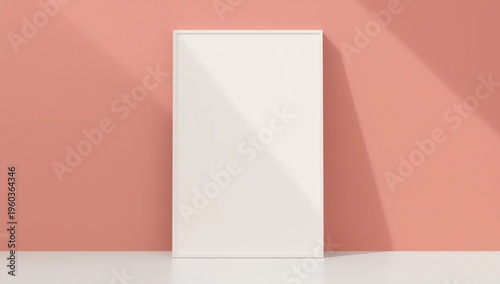 White poster mockup standing on the floor near Living coral color wall. Blank Canvas Mockup for design