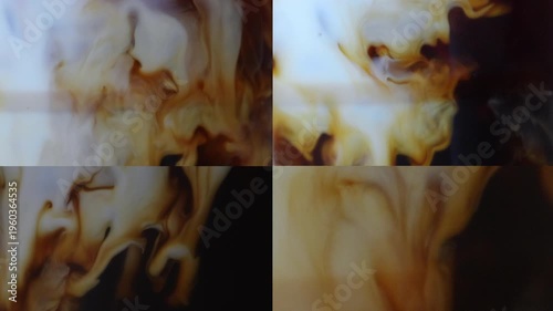 4K Abstract liquid motion of milk mixing with coffee creating organic swirling patterns Soft fluid texture with smooth gradient tones, ideal for background beverage concept and creative design use.