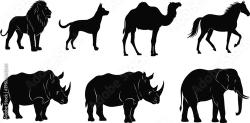 Wild animal silhouette vector set, african safari zoo creatures collection isolated on white, lion elephant rhino camel horse black shapes