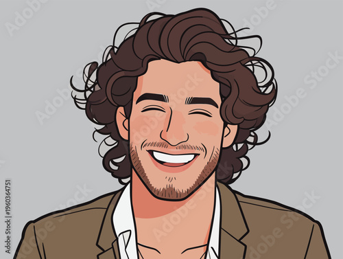 Boy with curly hair smiles warmly while wearing a brown jacket and white shirt against a simple gray background
