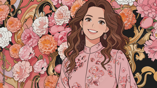 Woman smiles in front of colorful floral backdrop at an indoor setting during the daytime while wearing traditional clothing