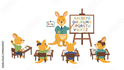 Illustration of a kangaroo teacher and four kangaroo students in a classroom with an alphabet poster on the board, in a colorful and educational setting.