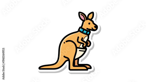 A cartoon kangaroo wearing a blue collar stands on a white background with a simple, illustrative style and a predominantly orange color scheme.