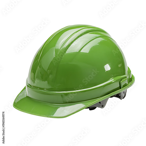 A green hard hat sits on a white background for safety.