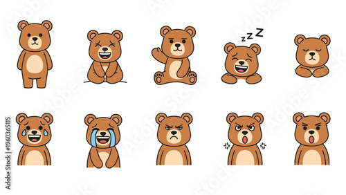 A set of nine emotive brown teddy bear emojis displaying various facial expressions on a clean white background.