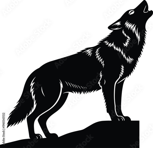 Wild wolf howling silhouette vector illustration black animal standing on rock isolated on white background for wilderness nature design